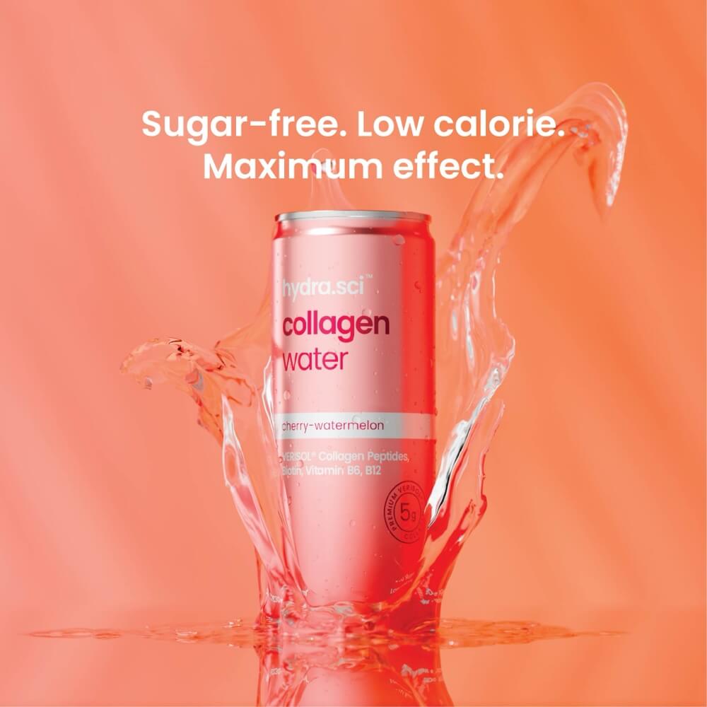 Enjoy Hydra.sci collagen water in cherry-watermelon flavor. A sugar-free, low-calorie collagen drink packed with VERISOL® peptides and vitamins for skin health and beauty.