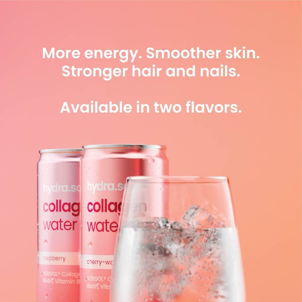 Hydra.sci collagen water available in raspberry and cherry-watermelon flavors. Boost energy, achieve smoother skin, and support hair and nail health with this delicious collagen drink.